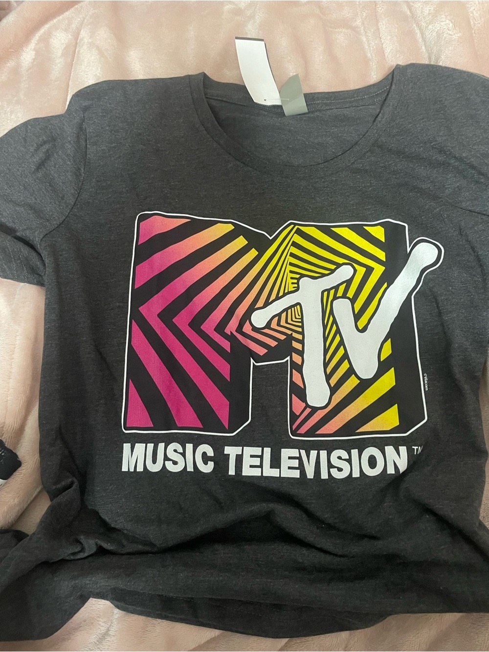 MTV Women’s Dark Heather Gray Graphic Logo T-Shirt - Pink & Yellow MTV Design